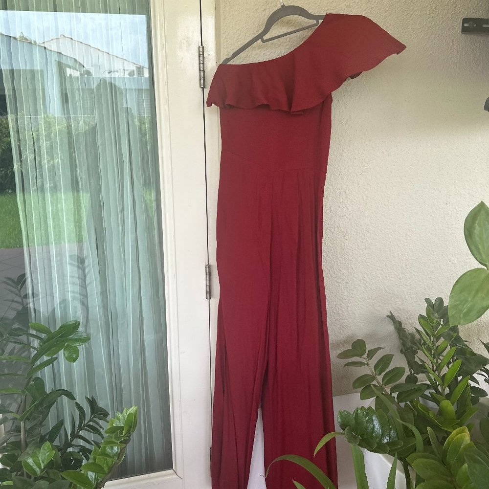 Wine Ruffle Jumpsuit - Picture 2 of 3